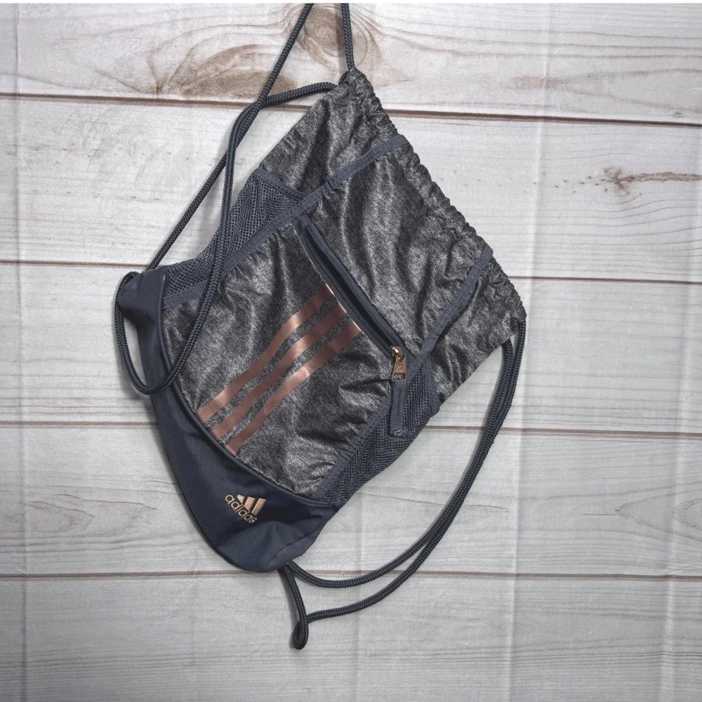 Adidas Drawstring Cinch Bag Grey Navy Rose Gold Metallic Stripes Sackpack Gym - Picture 3 of 7